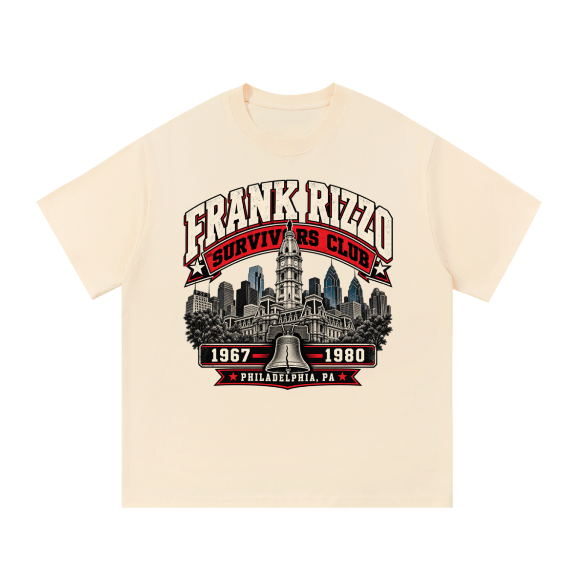 Cream Frank Rizzo Survivors Club T-shirt, front view with a Philadelphia skyline, bell and red and cream Survivors Club lettering.