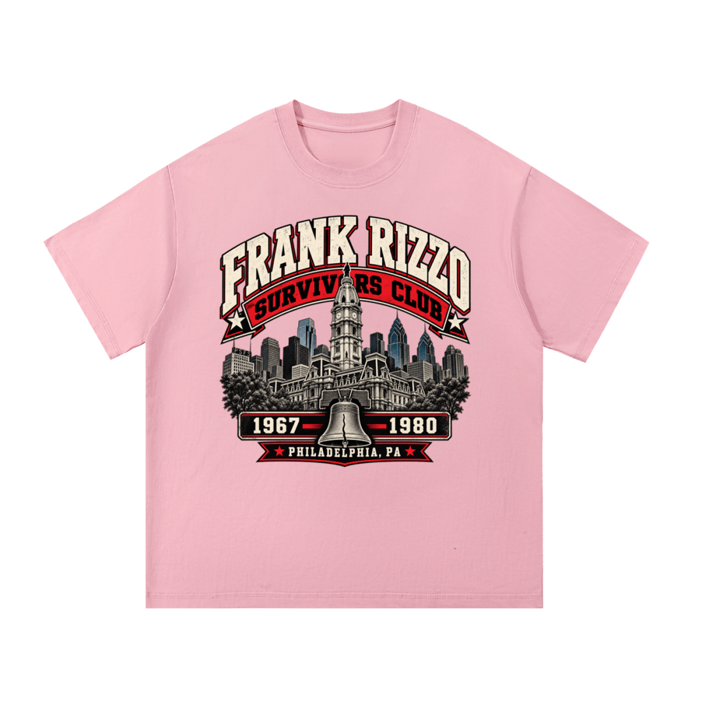 Pink Frank Rizzo Survivors Club T-shirt, front view with a Philadelphia skyline, bell and red and cream Survivors Club lettering.