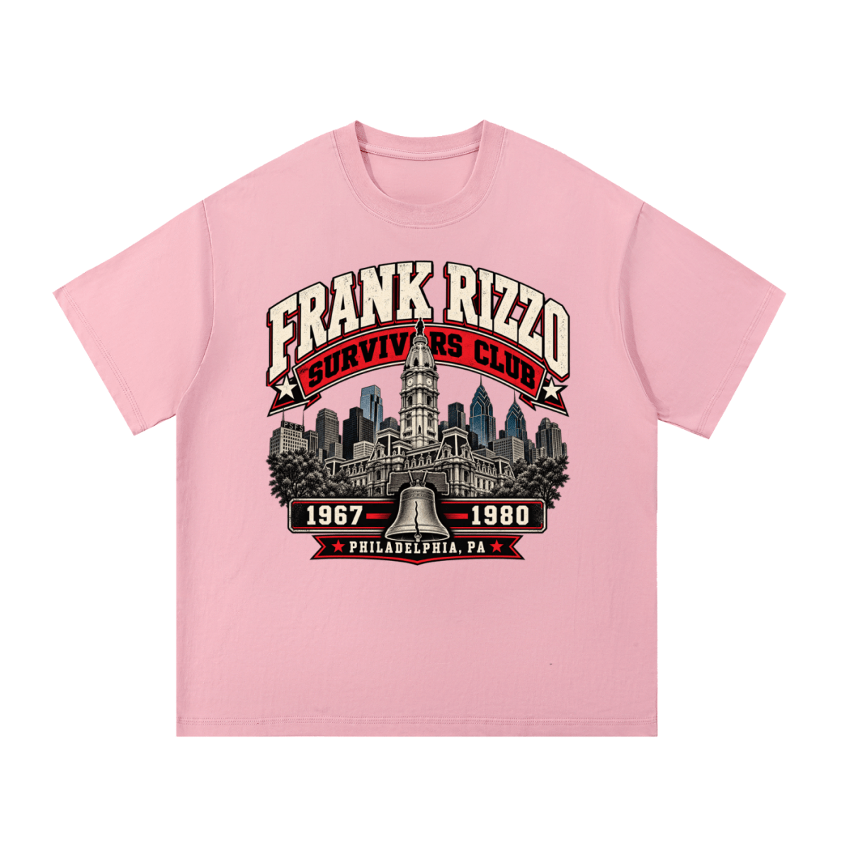 Pink Frank Rizzo Survivors Club T-shirt, front view with a Philadelphia skyline, bell and red and cream Survivors Club lettering.