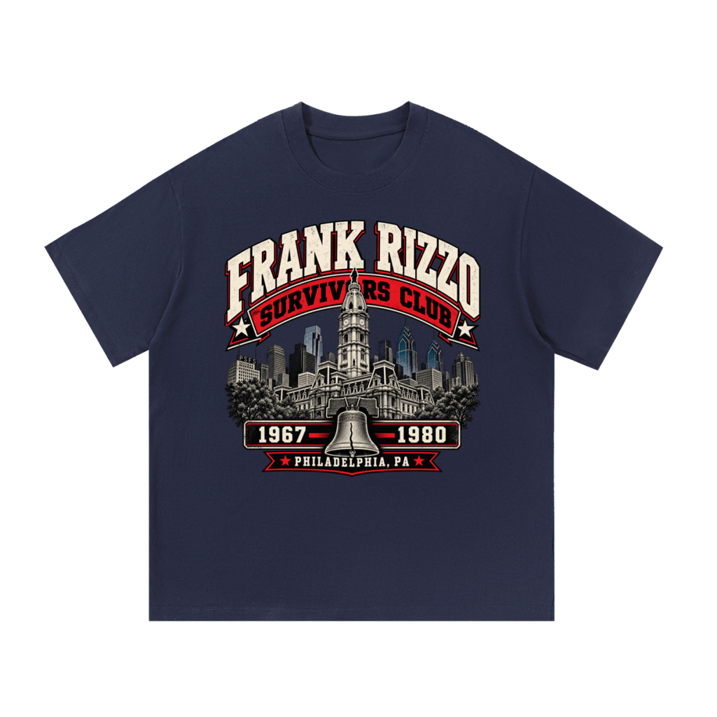 Navy blue Frank Rizzo Survivors Club T-shirt, front view with a Philadelphia skyline, bell and red and cream Survivors Club lettering.