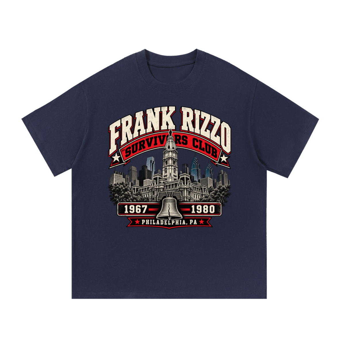 Navy blue Frank Rizzo Survivors Club T-shirt, front view with a Philadelphia skyline, bell and red and cream Survivors Club lettering.