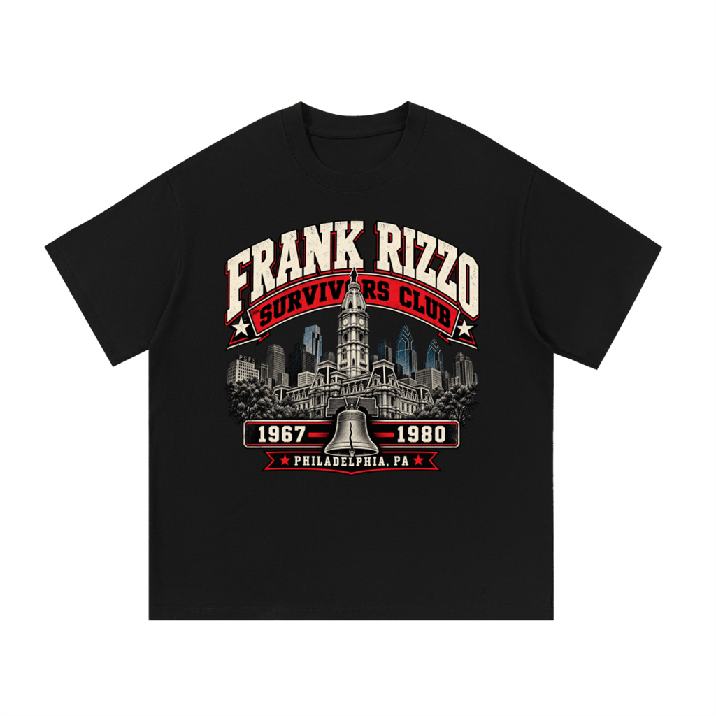 Black Frank Rizzo Survivors Club T-shirt, front view with a Philadelphia skyline, bell and red and cream Survivors Club lettering.