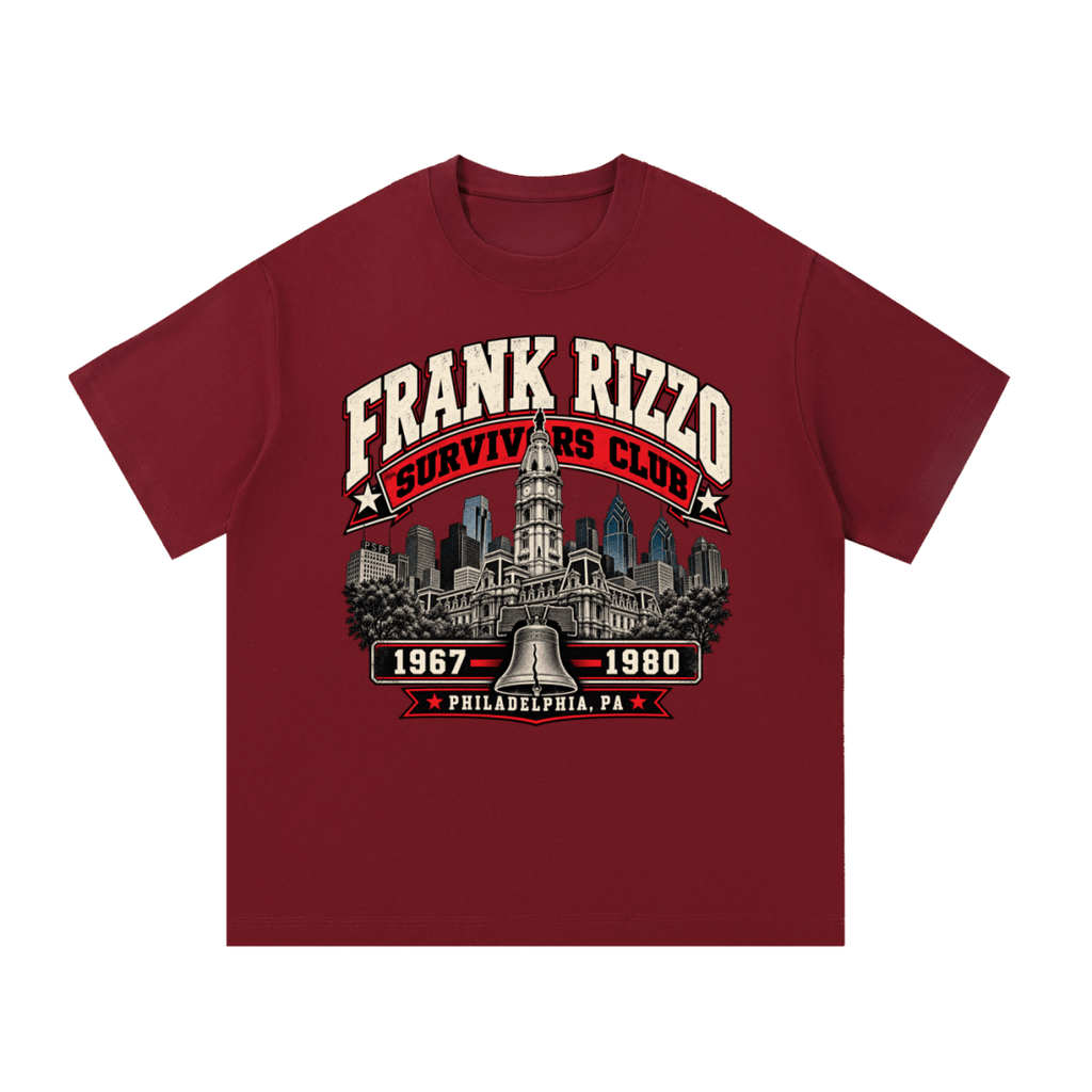 Burgundy Frank Rizzo Survivors Club T-shirt, front view with a Philadelphia skyline, bell and red and cream Survivors Club lettering.