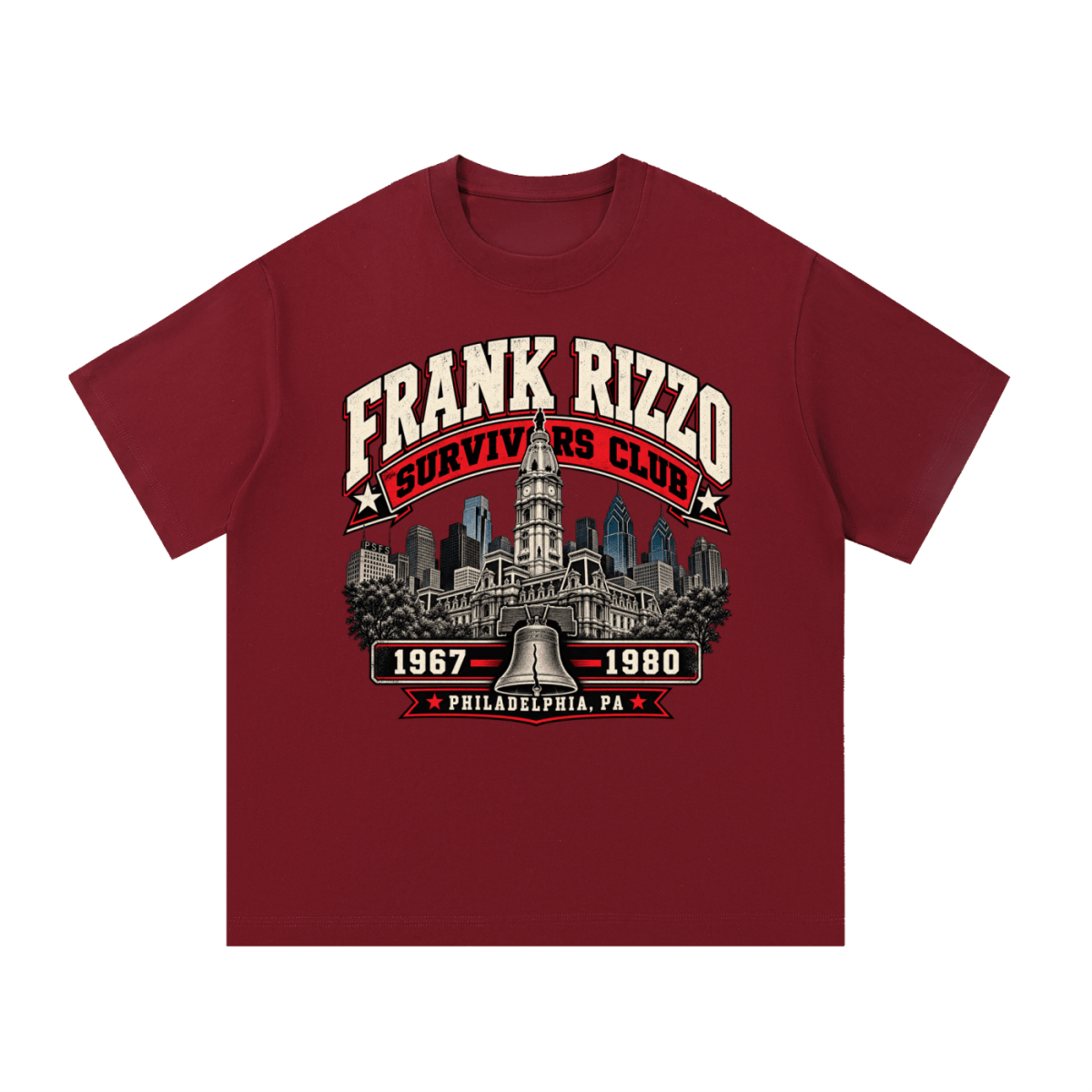 Burgundy Frank Rizzo Survivors Club T-shirt, front view with a Philadelphia skyline, bell and red and cream Survivors Club lettering.