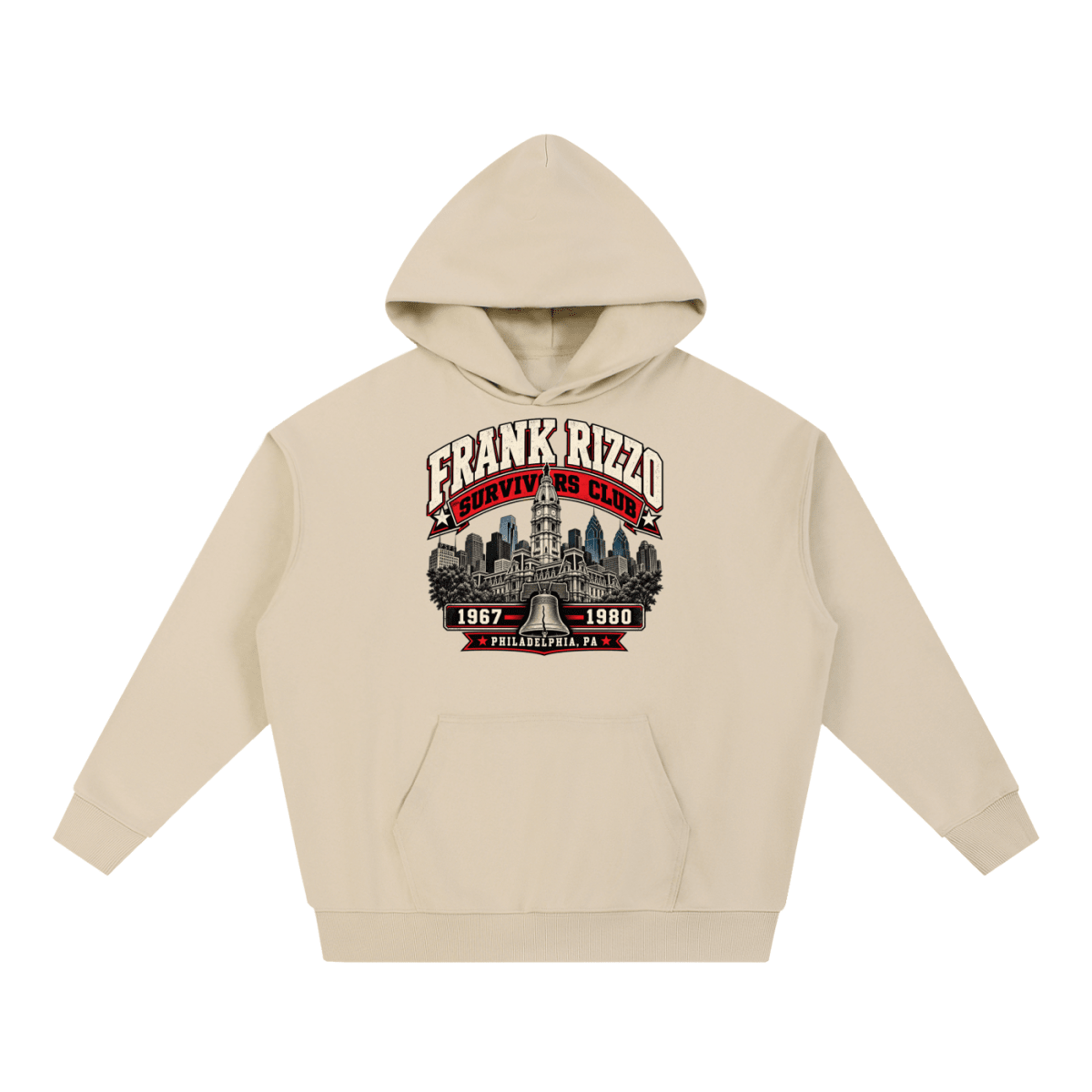 Beige Frank Rizzo Survivors Club heavyweight hoodie, front view with Philadelphia city buildings and a bell beneath Frank Rizzo Survivors Club lettering and the dates 1967–1980.