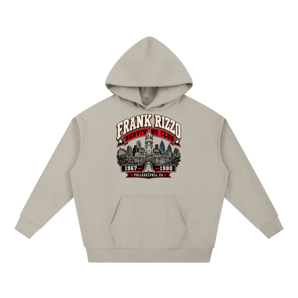Taupe Frank Rizzo Survivors Club heavyweight hoodie, front view with Philadelphia city buildings and a bell beneath Frank Rizzo Survivors Club lettering and the dates 1967–1980.