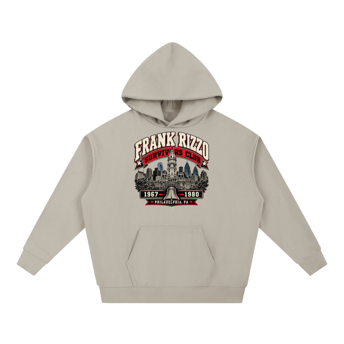 Taupe Frank Rizzo Survivors Club heavyweight hoodie, front view with Philadelphia city buildings and a bell beneath Frank Rizzo Survivors Club lettering and the dates 1967–1980.