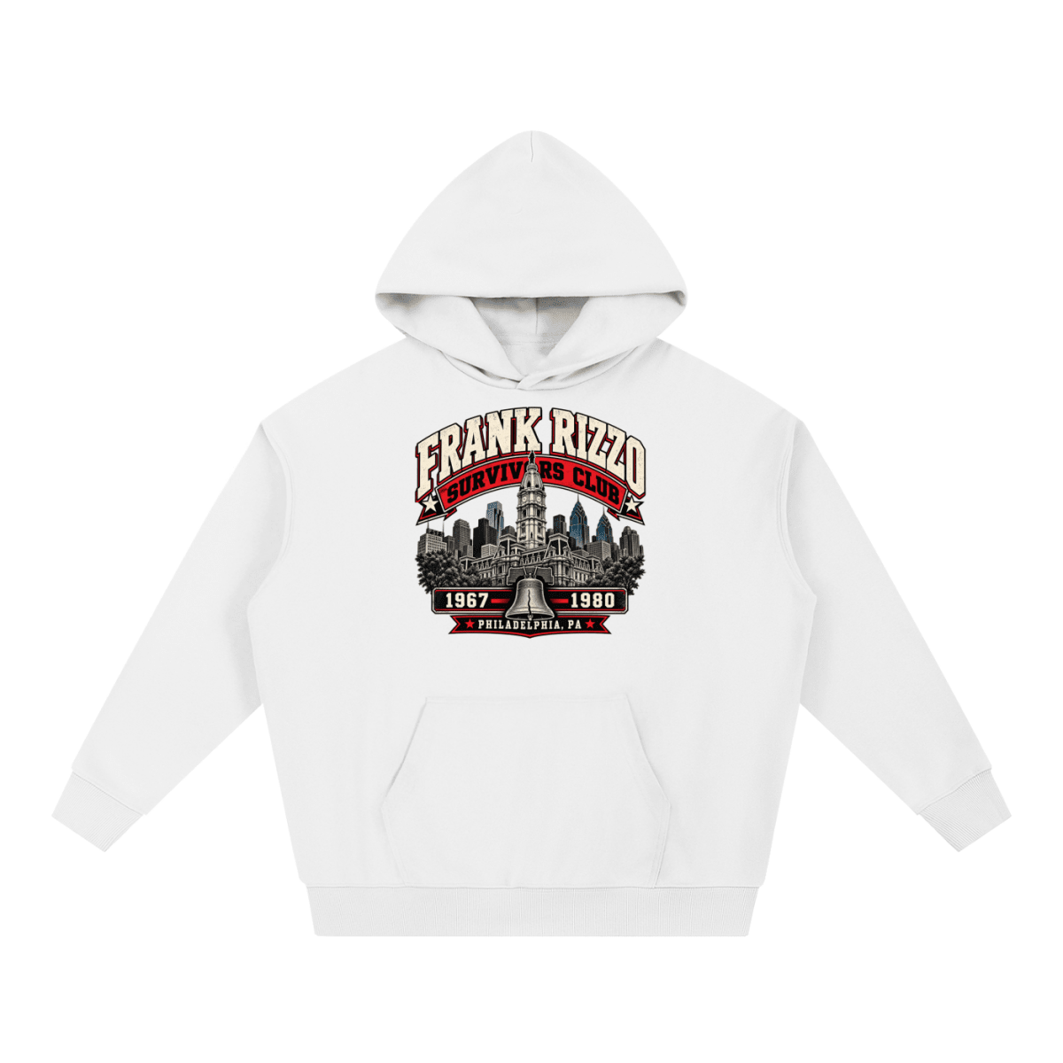 White Frank Rizzo Survivors Club heavyweight hoodie, front view with Philadelphia city buildings and a bell beneath Frank Rizzo Survivors Club lettering and the dates 1967–1980.