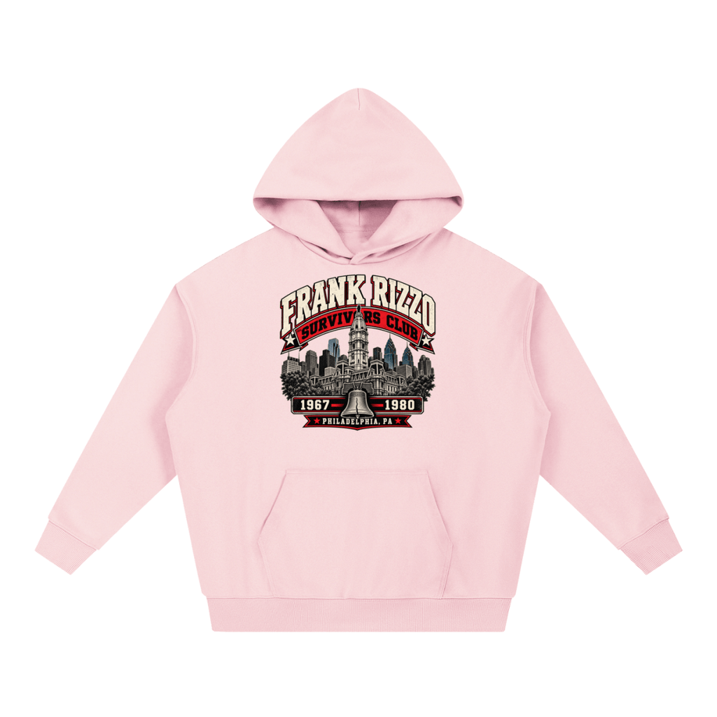 Light pink Frank Rizzo Survivors Club heavyweight hoodie, front view with Philadelphia city buildings and a bell beneath Frank Rizzo Survivors Club lettering and the dates 1967–1980.