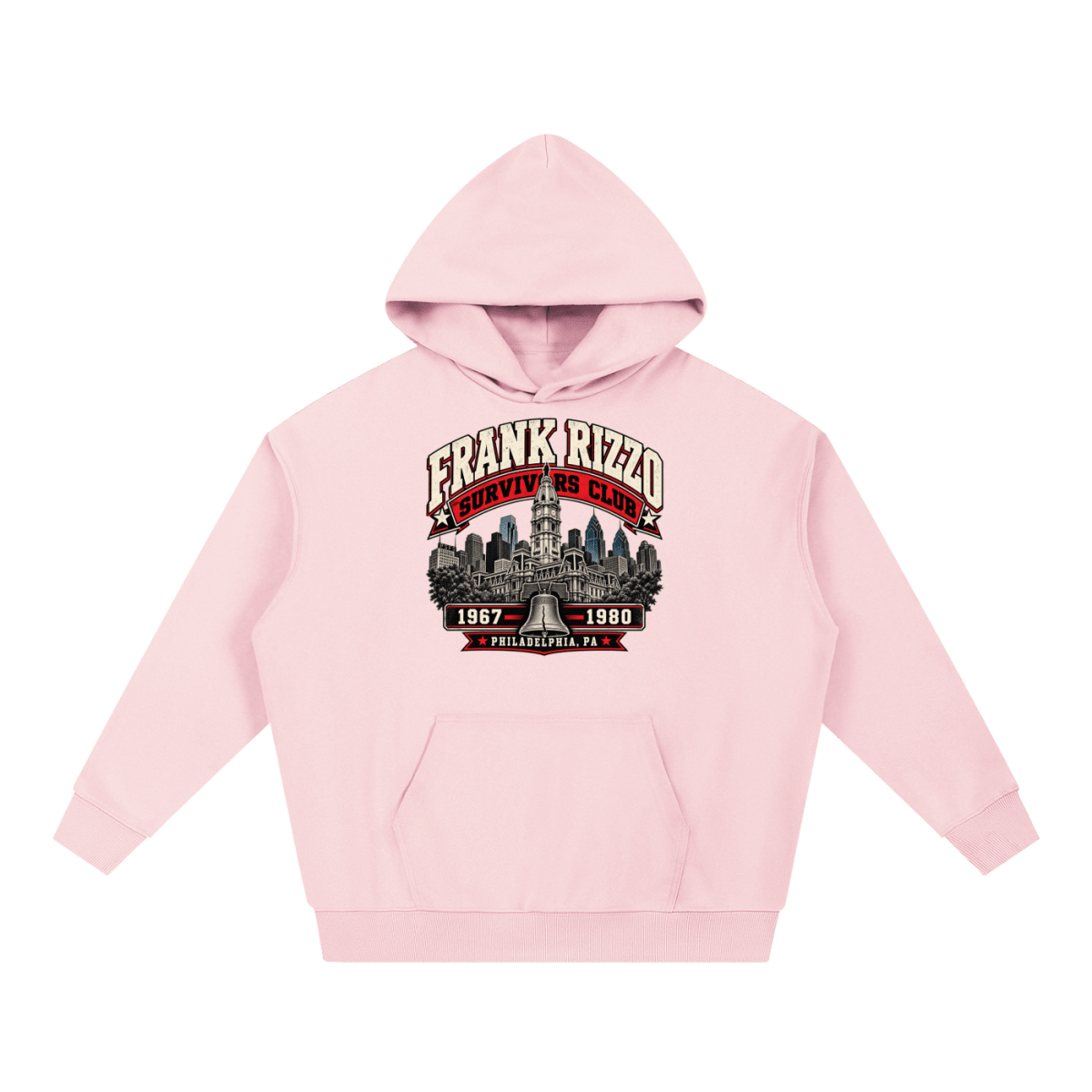 Light pink Frank Rizzo Survivors Club heavyweight hoodie, front view with Philadelphia city buildings and a bell beneath Frank Rizzo Survivors Club lettering and the dates 1967–1980.