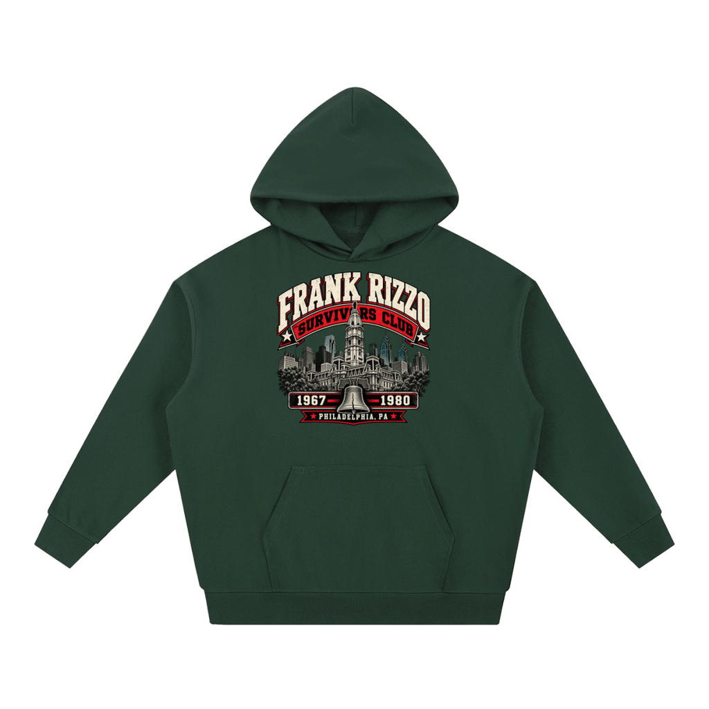 Forest green Frank Rizzo Survivors Club heavyweight hoodie, front view with Philadelphia city buildings and a bell beneath Frank Rizzo Survivors Club lettering and the dates 1967–1980.