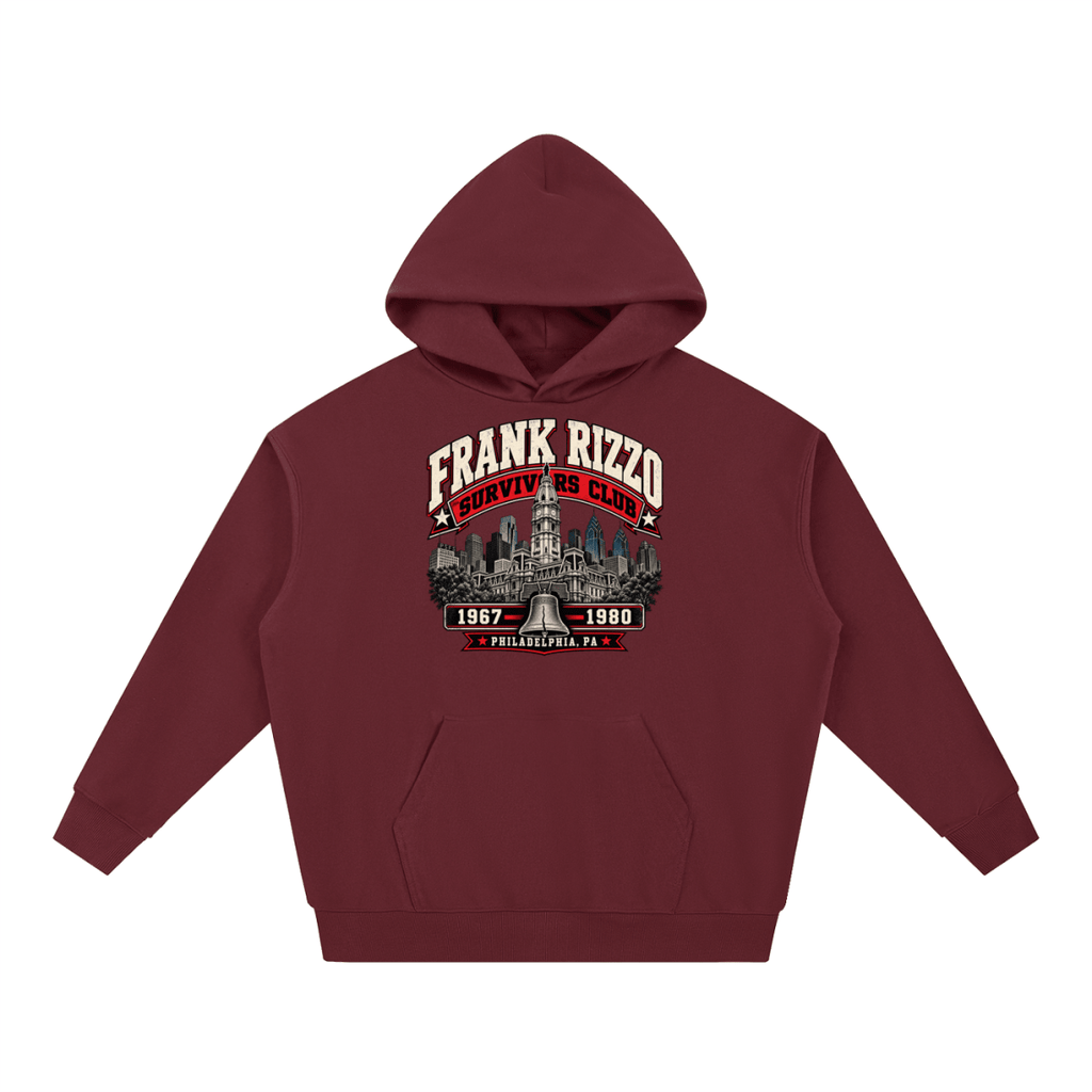Burgundy Frank Rizzo Survivors Club heavyweight hoodie, front view with Philadelphia city buildings and a bell beneath Frank Rizzo Survivors Club lettering and the dates 1967–1980.