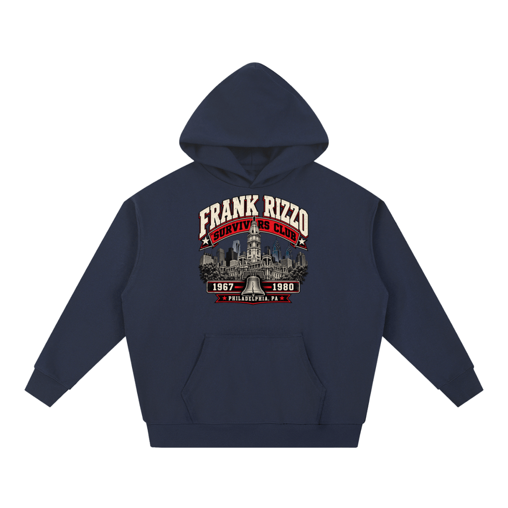 Navy blue Frank Rizzo Survivors Club heavyweight hoodie, front view with Philadelphia city buildings and a bell beneath Frank Rizzo Survivors Club lettering and the dates 1967–1980.
