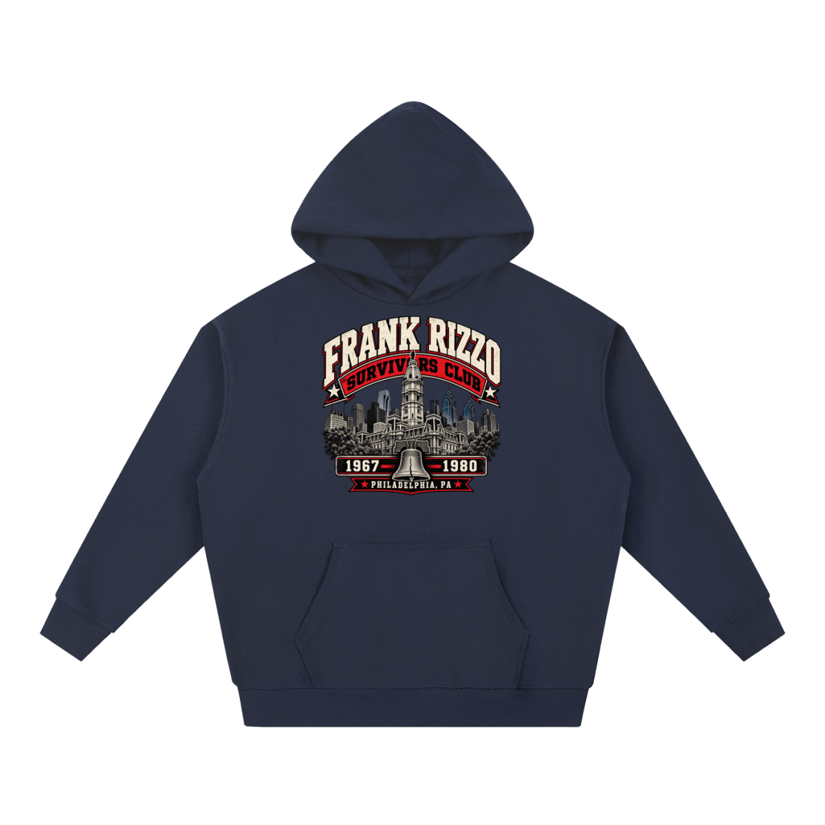 Navy blue Frank Rizzo Survivors Club heavyweight hoodie, front view with Philadelphia city buildings and a bell beneath Frank Rizzo Survivors Club lettering and the dates 1967–1980.