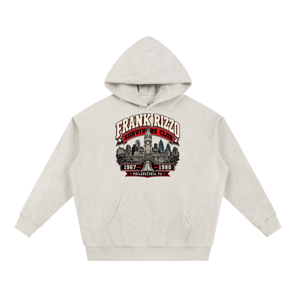 Oatmeal Frank Rizzo Survivors Club heavyweight hoodie, front view with Philadelphia city buildings and a bell beneath Frank Rizzo Survivors Club lettering and the dates 1967–1980.