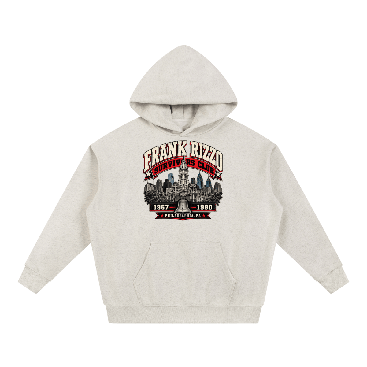 Oatmeal Frank Rizzo Survivors Club heavyweight hoodie, front view with Philadelphia city buildings and a bell beneath Frank Rizzo Survivors Club lettering and the dates 1967–1980.
