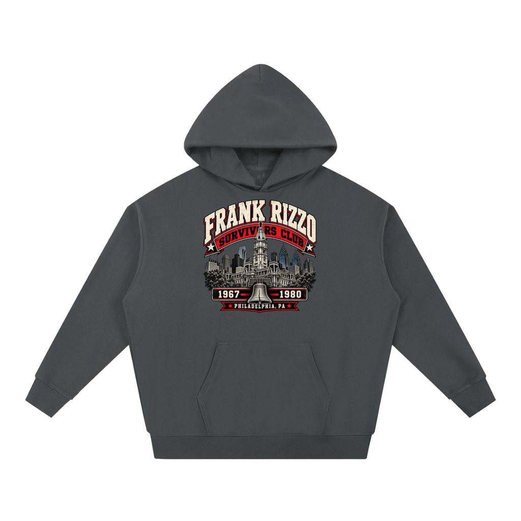 Charcoal gray Frank Rizzo Survivors Club heavyweight hoodie, front view with Philadelphia city buildings and a bell beneath Frank Rizzo Survivors Club lettering and the dates 1967–1980.