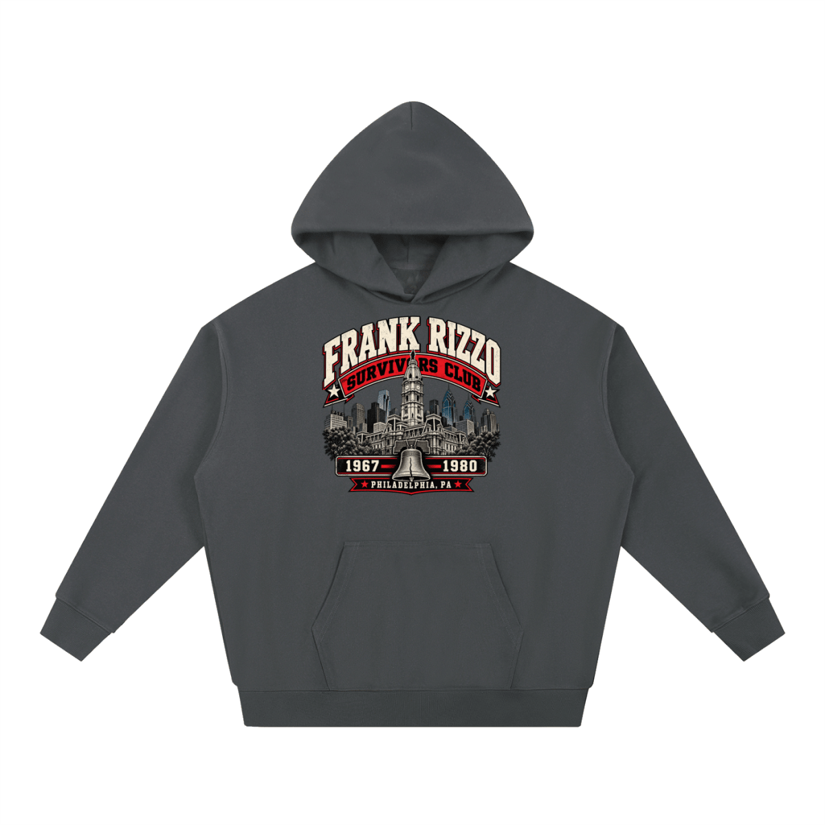 Charcoal gray Frank Rizzo Survivors Club heavyweight hoodie, front view with Philadelphia city buildings and a bell beneath Frank Rizzo Survivors Club lettering and the dates 1967–1980.