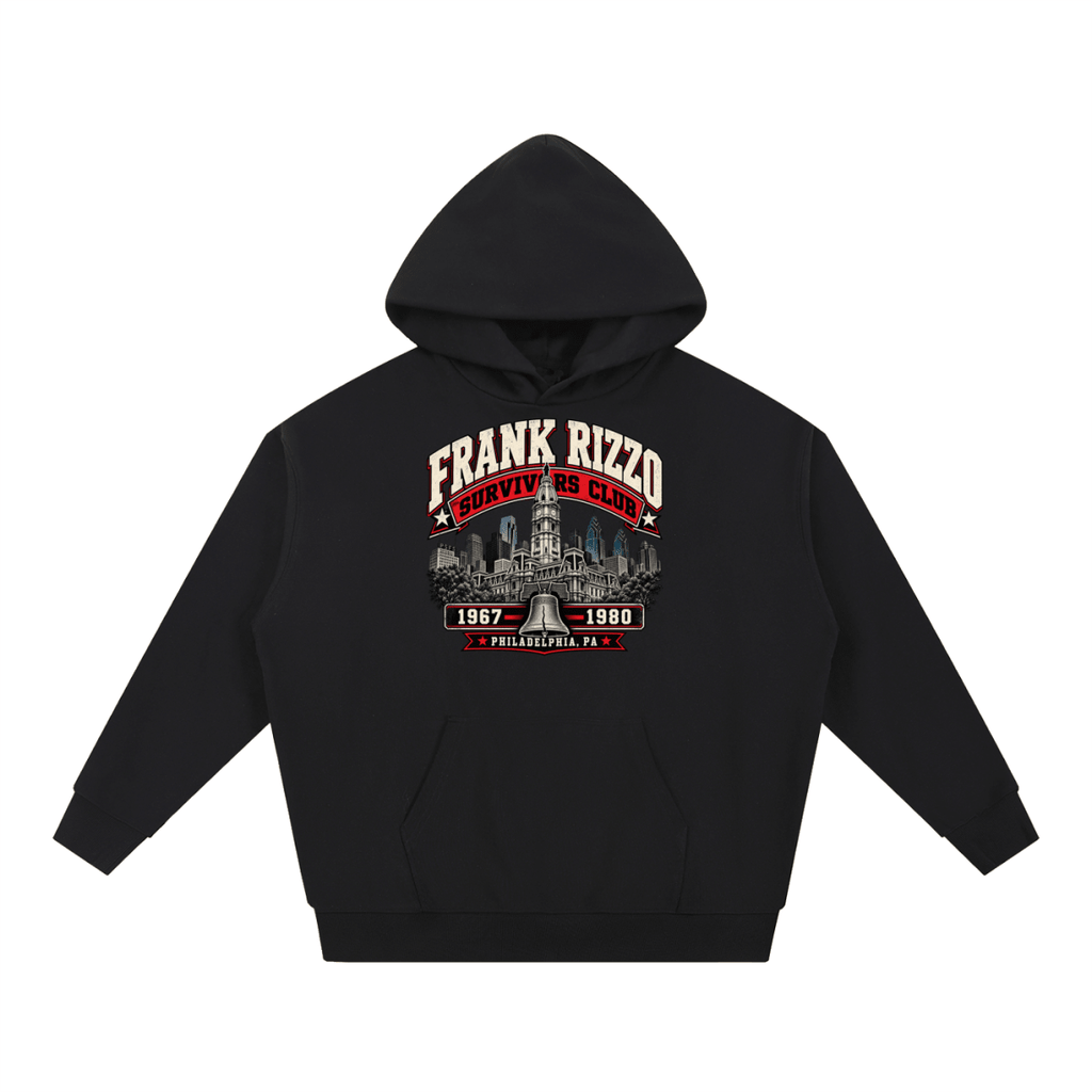 Black Frank Rizzo Survivors Club heavyweight hoodie, front view with Philadelphia city buildings and a bell beneath Frank Rizzo Survivors Club lettering and the dates 1967–1980.