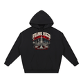 Black Frank Rizzo Survivors Club heavyweight hoodie, front view with Philadelphia city buildings and a bell beneath Frank Rizzo Survivors Club lettering and the dates 1967–1980.