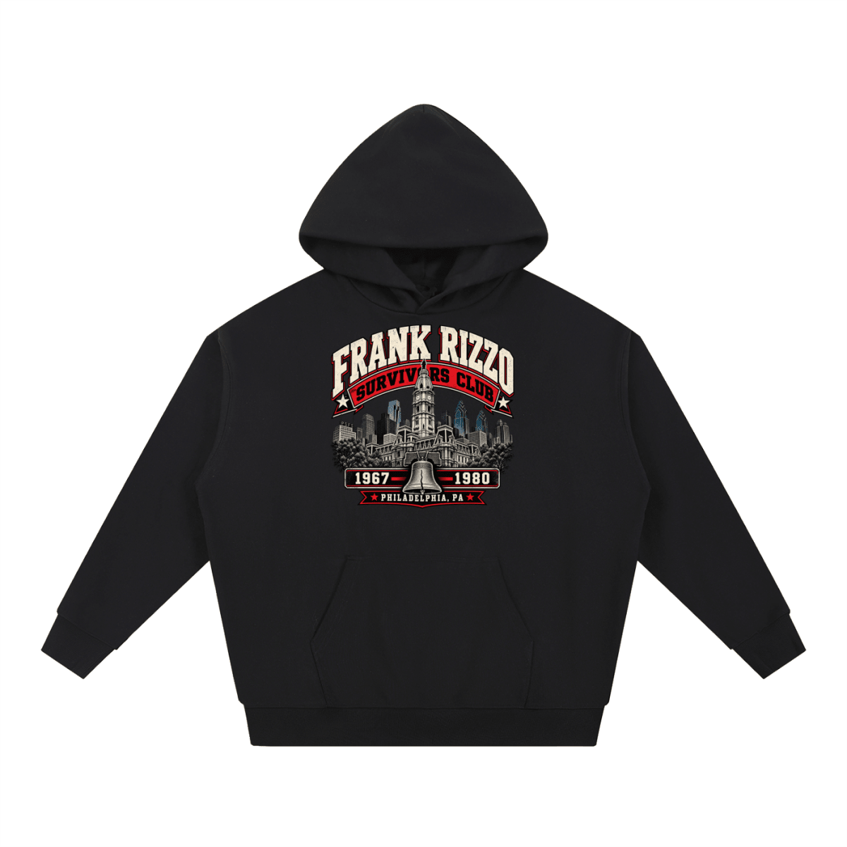 Black Frank Rizzo Survivors Club heavyweight hoodie, front view with Philadelphia city buildings and a bell beneath Frank Rizzo Survivors Club lettering and the dates 1967–1980.