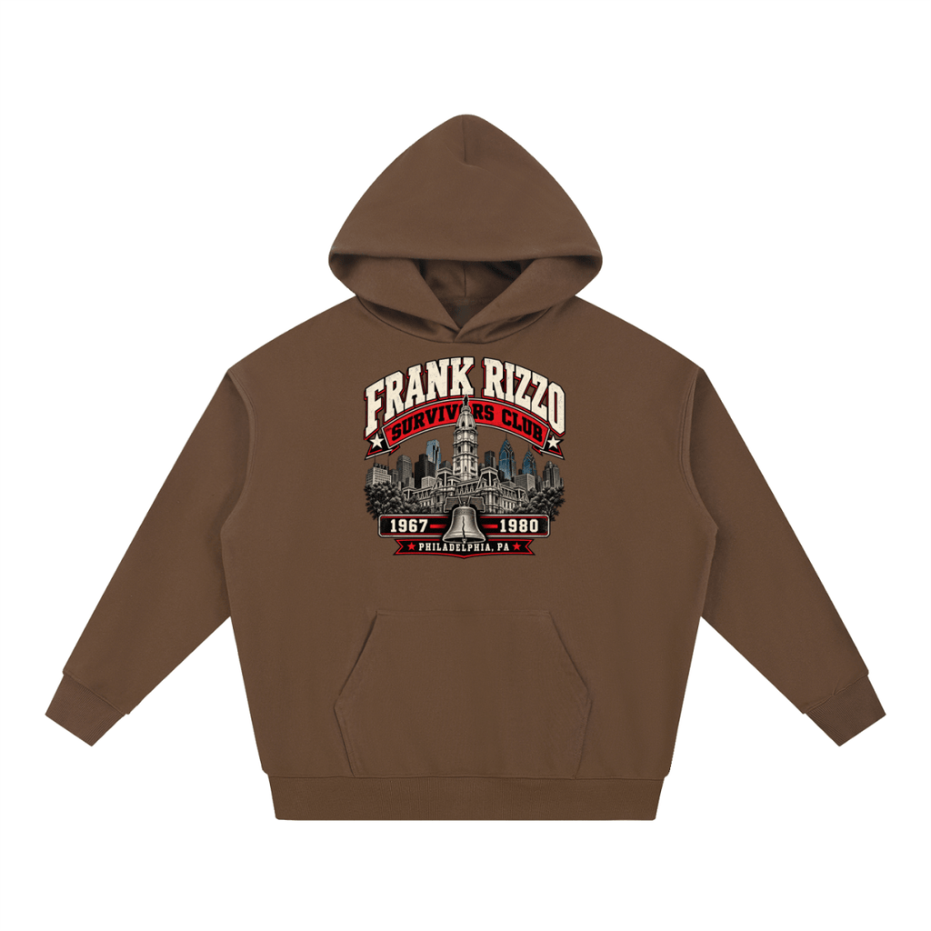 Brown Frank Rizzo Survivors Club heavyweight hoodie, front view with Philadelphia city buildings and a bell beneath Frank Rizzo Survivors Club lettering and the dates 1967–1980.