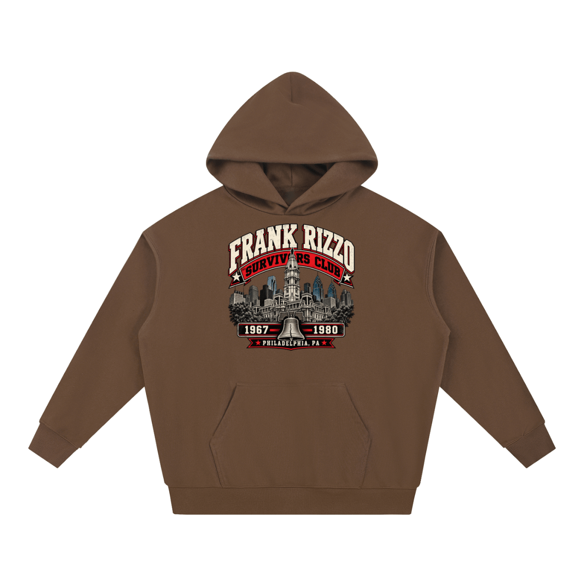 Brown Frank Rizzo Survivors Club heavyweight hoodie, front view with Philadelphia city buildings and a bell beneath Frank Rizzo Survivors Club lettering and the dates 1967–1980.