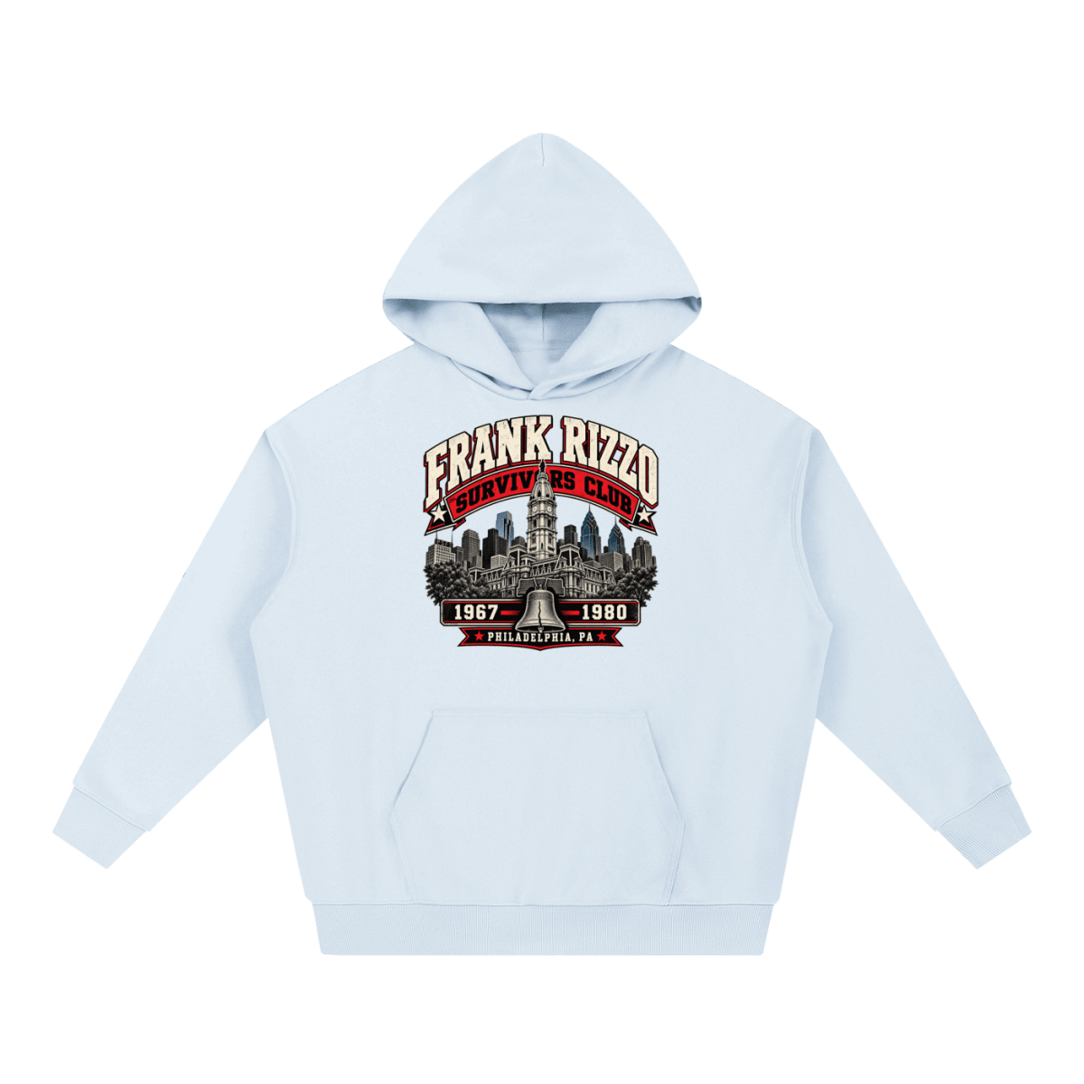 Light blue Frank Rizzo Survivors Club heavyweight hoodie, front view with Philadelphia city buildings and a bell beneath Frank Rizzo Survivors Club lettering and the dates 1967–1980.
