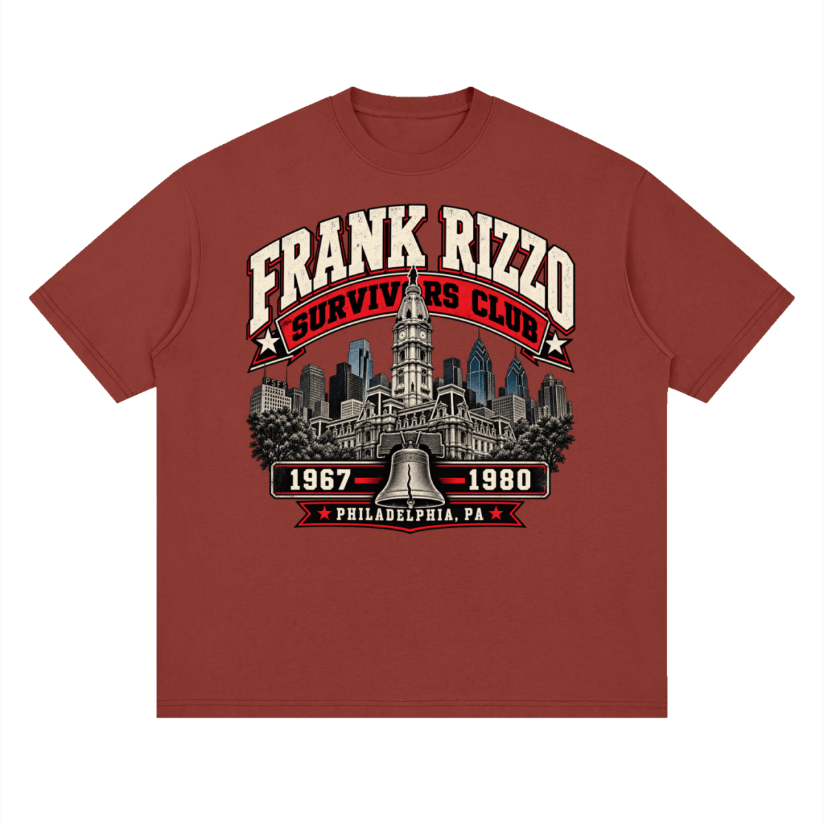 Rust red Frank Rizzo Survivors Club drop-shoulder T-shirt, front view with a Philadelphia skyline, bell and red and cream Survivors Club lettering.