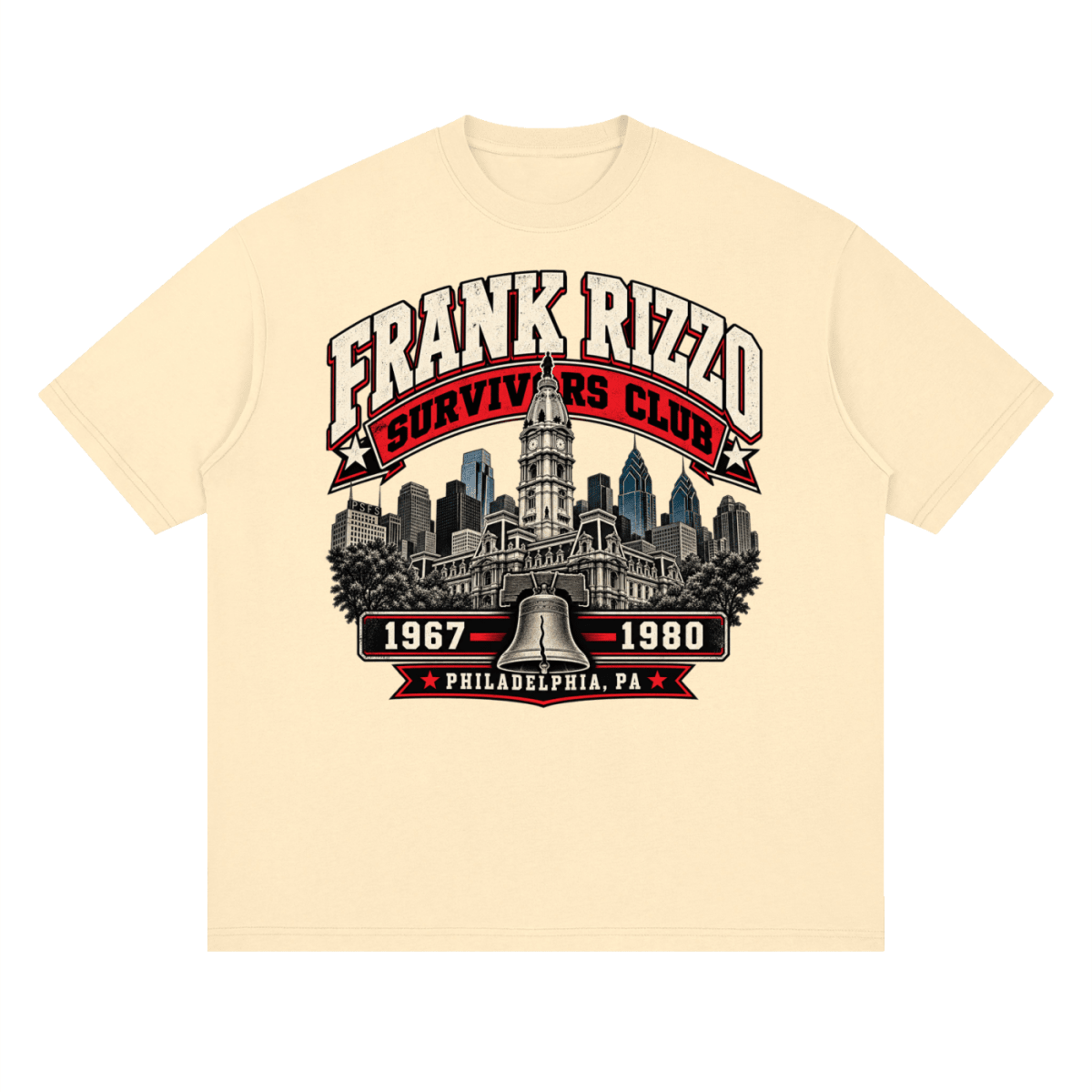 Pale yellow Frank Rizzo Survivors Club drop-shoulder T-shirt, front view with a Philadelphia skyline, bell and red and cream Survivors Club lettering.