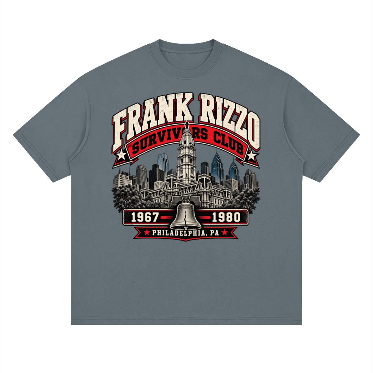 Slate gray Frank Rizzo Survivors Club drop-shoulder T-shirt, front view with a Philadelphia skyline, bell and red and cream Survivors Club lettering.