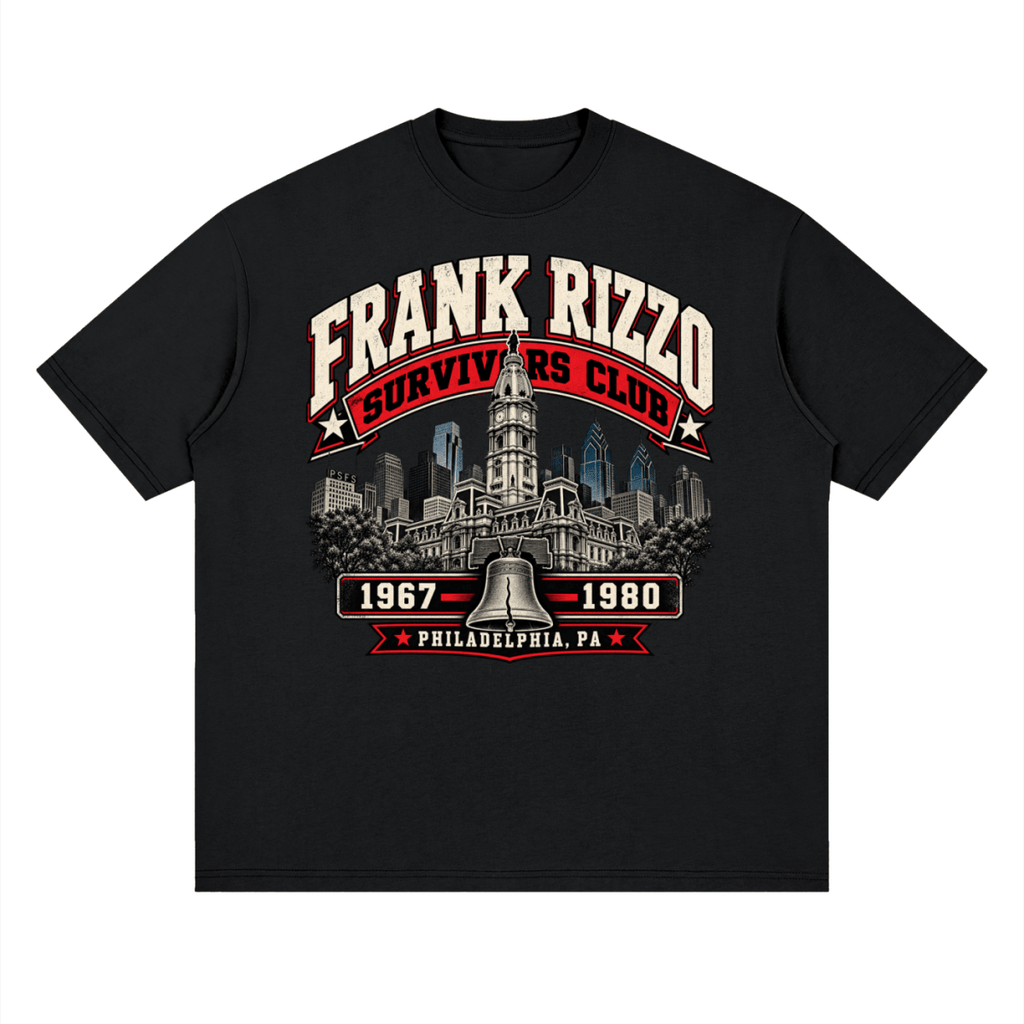 Black Frank Rizzo Survivors Club drop-shoulder T-shirt, front view with a Philadelphia skyline, bell and red and cream Survivors Club lettering.