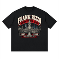 Black Frank Rizzo Survivors Club drop-shoulder T-shirt, front view with a Philadelphia skyline, bell and red and cream Survivors Club lettering.