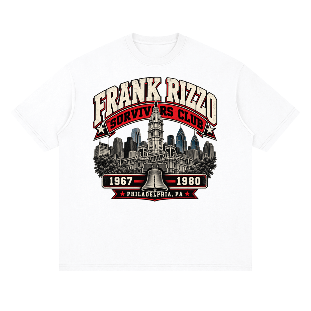 White Frank Rizzo Survivors Club drop-shoulder T-shirt, front view with a Philadelphia skyline, bell and red and cream Survivors Club lettering.