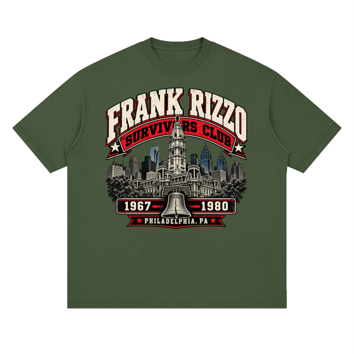 Olive green Frank Rizzo Survivors Club drop-shoulder T-shirt, front view with a Philadelphia skyline, bell and red and cream Survivors Club lettering.