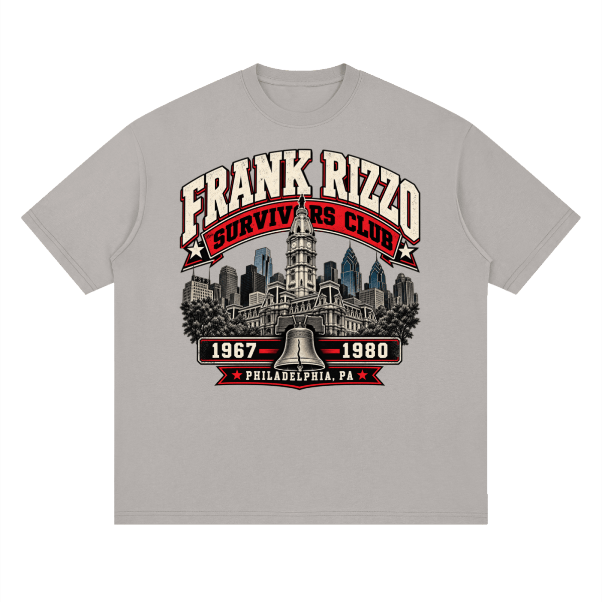 Light gray Frank Rizzo Survivors Club drop-shoulder T-shirt, front view with a Philadelphia skyline, bell and red and cream Survivors Club lettering.