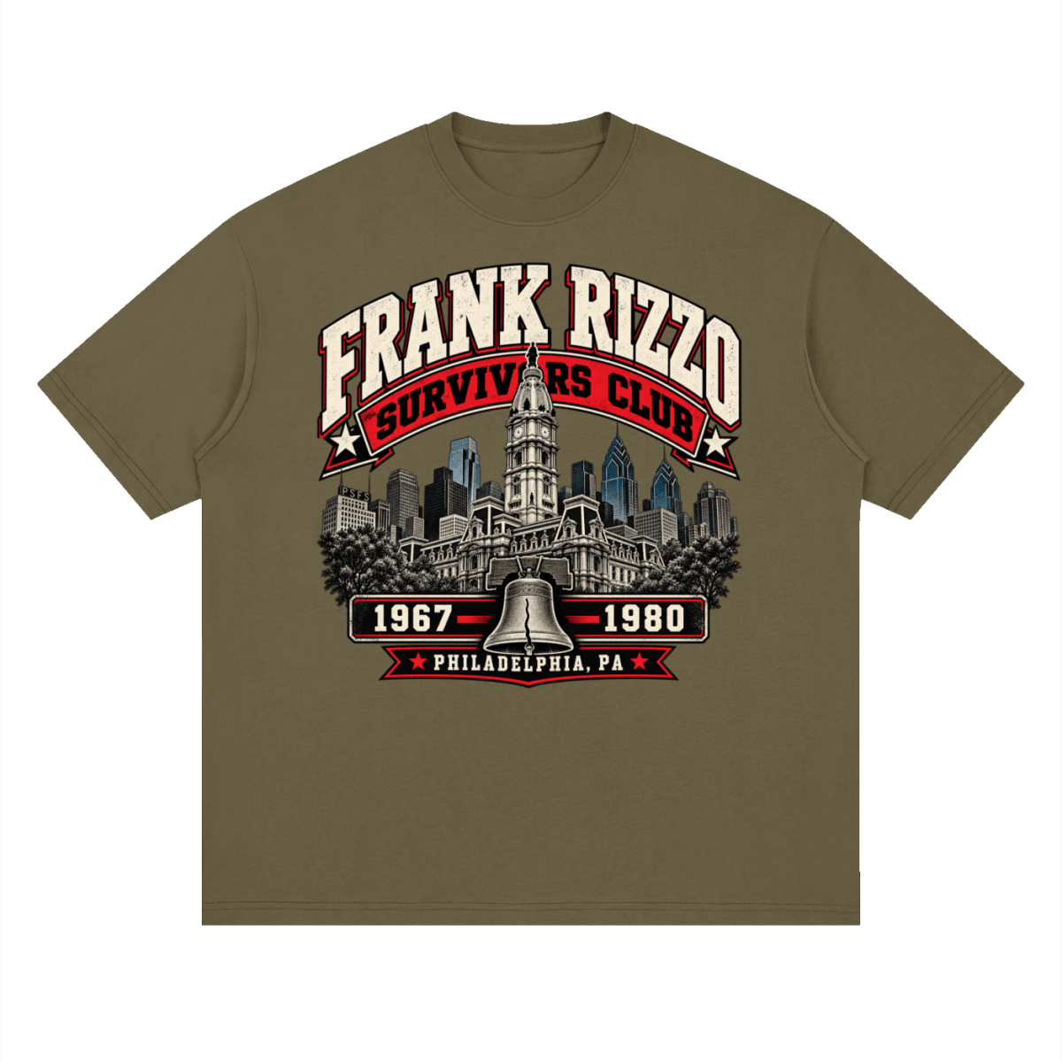 Olive brown Frank Rizzo Survivors Club drop-shoulder T-shirt, front view with a Philadelphia skyline, bell and red and cream Survivors Club lettering.
