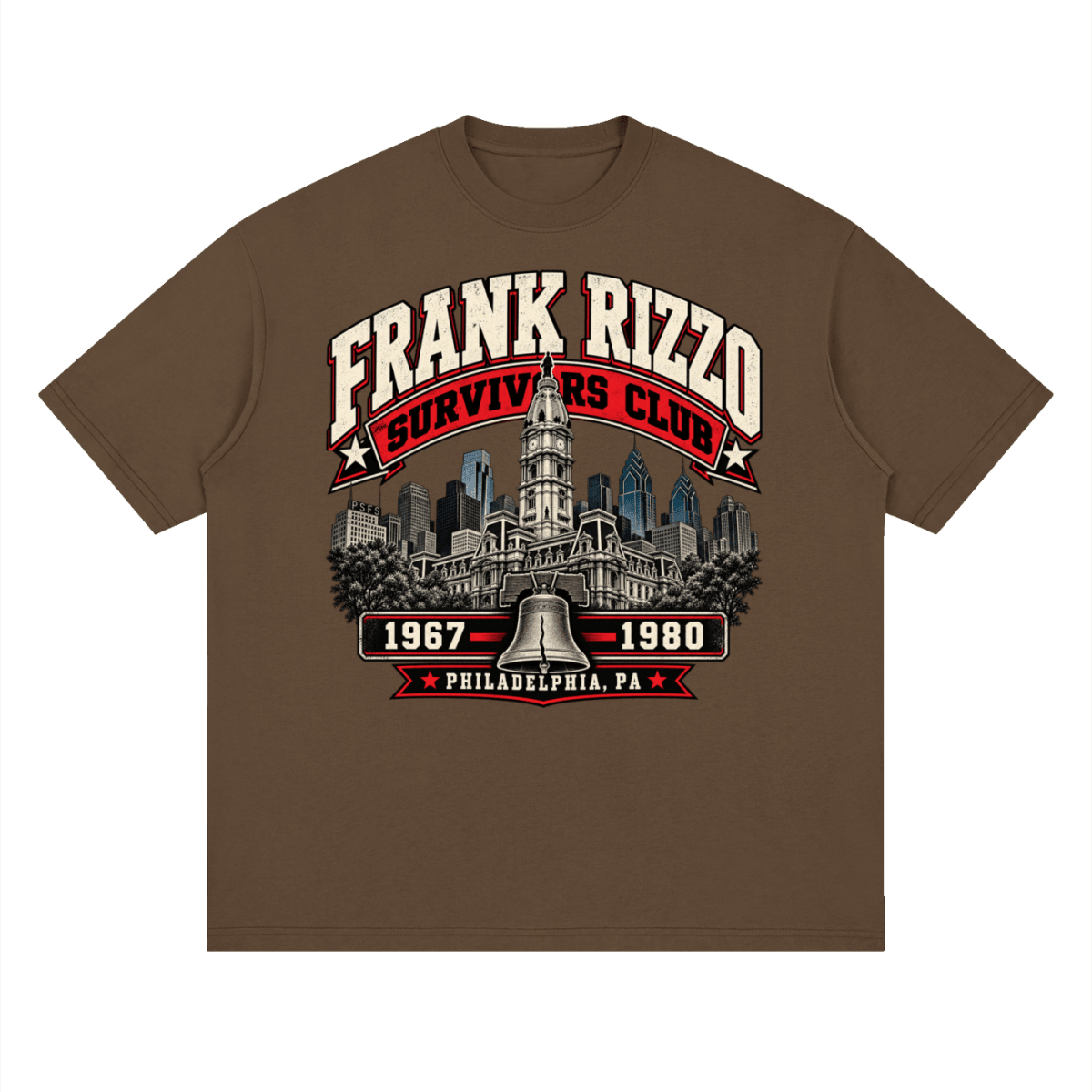 Brown Frank Rizzo Survivors Club drop-shoulder T-shirt, front view with a Philadelphia skyline, bell and red and cream Survivors Club lettering.