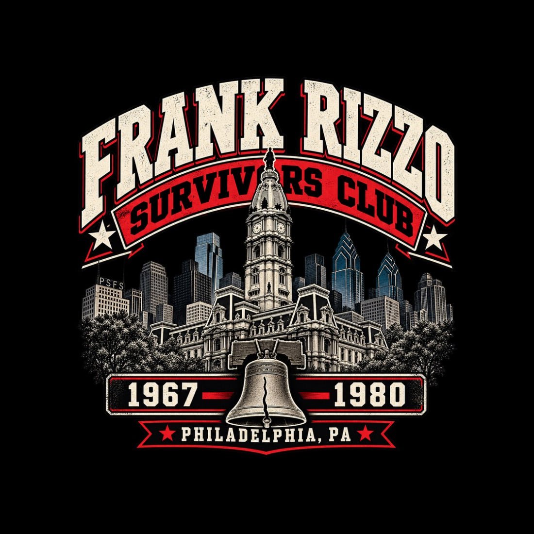 Close-up of the Frank Rizzo Survivors Club print on black, showing a Philadelphia skyline, bell and red and cream Survivors Club lettering.