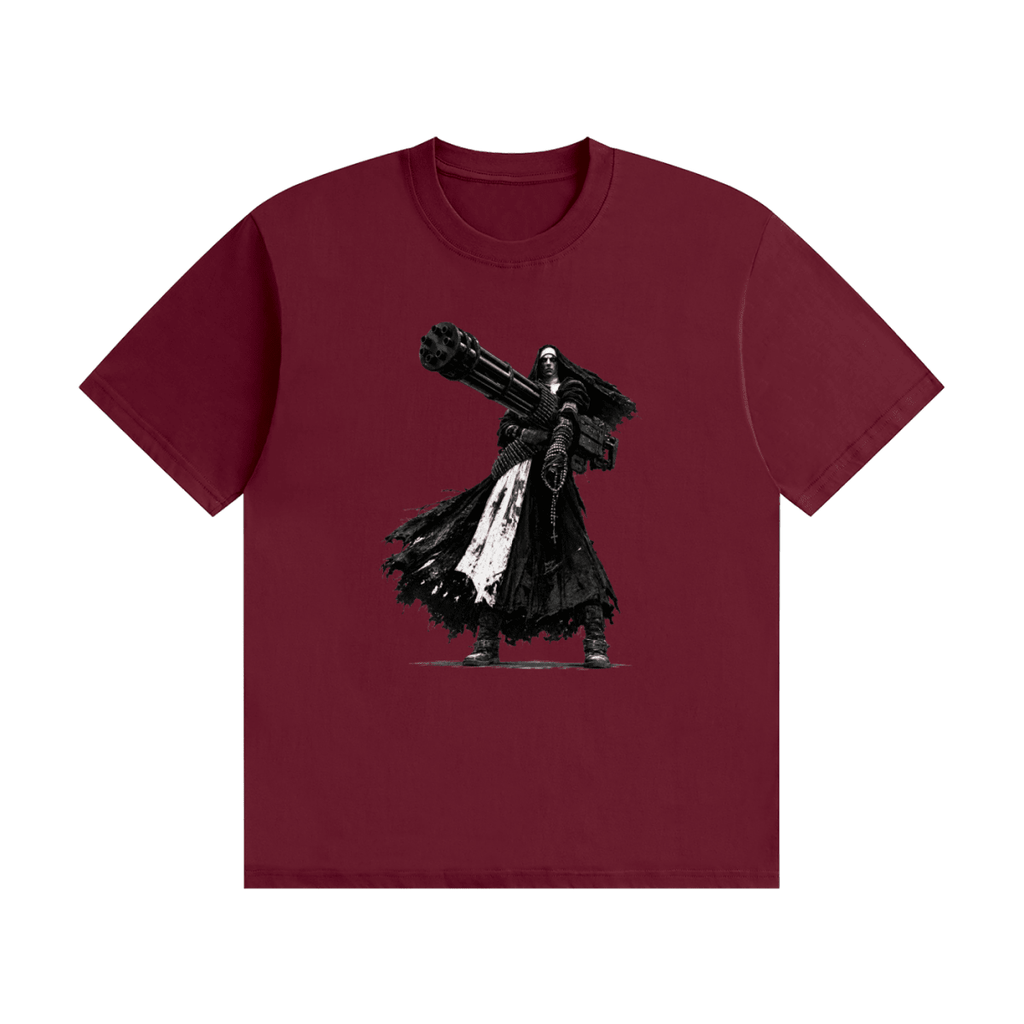Burgundy cotton T-shirt, front view with a black-and-white nun carrying an oversized multi-barrel gun.