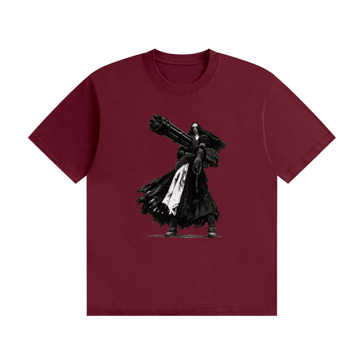 Burgundy cotton T-shirt, front view with a black-and-white nun carrying an oversized multi-barrel gun.