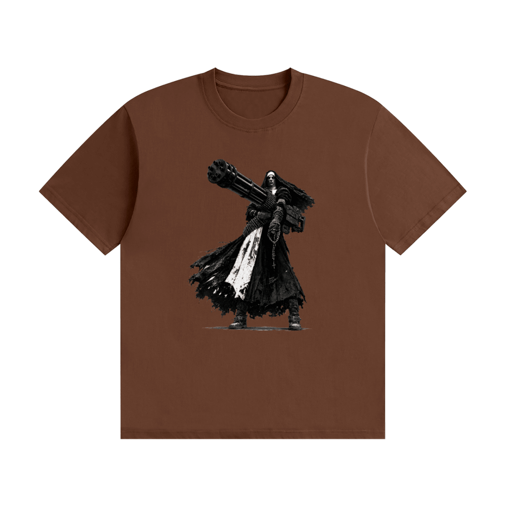 Brown cotton T-shirt, front view with a black-and-white nun carrying an oversized multi-barrel gun.