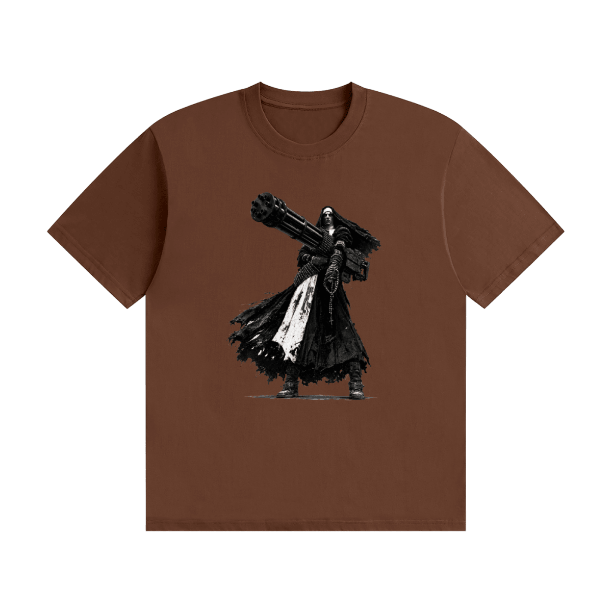Brown cotton T-shirt, front view with a black-and-white nun carrying an oversized multi-barrel gun.