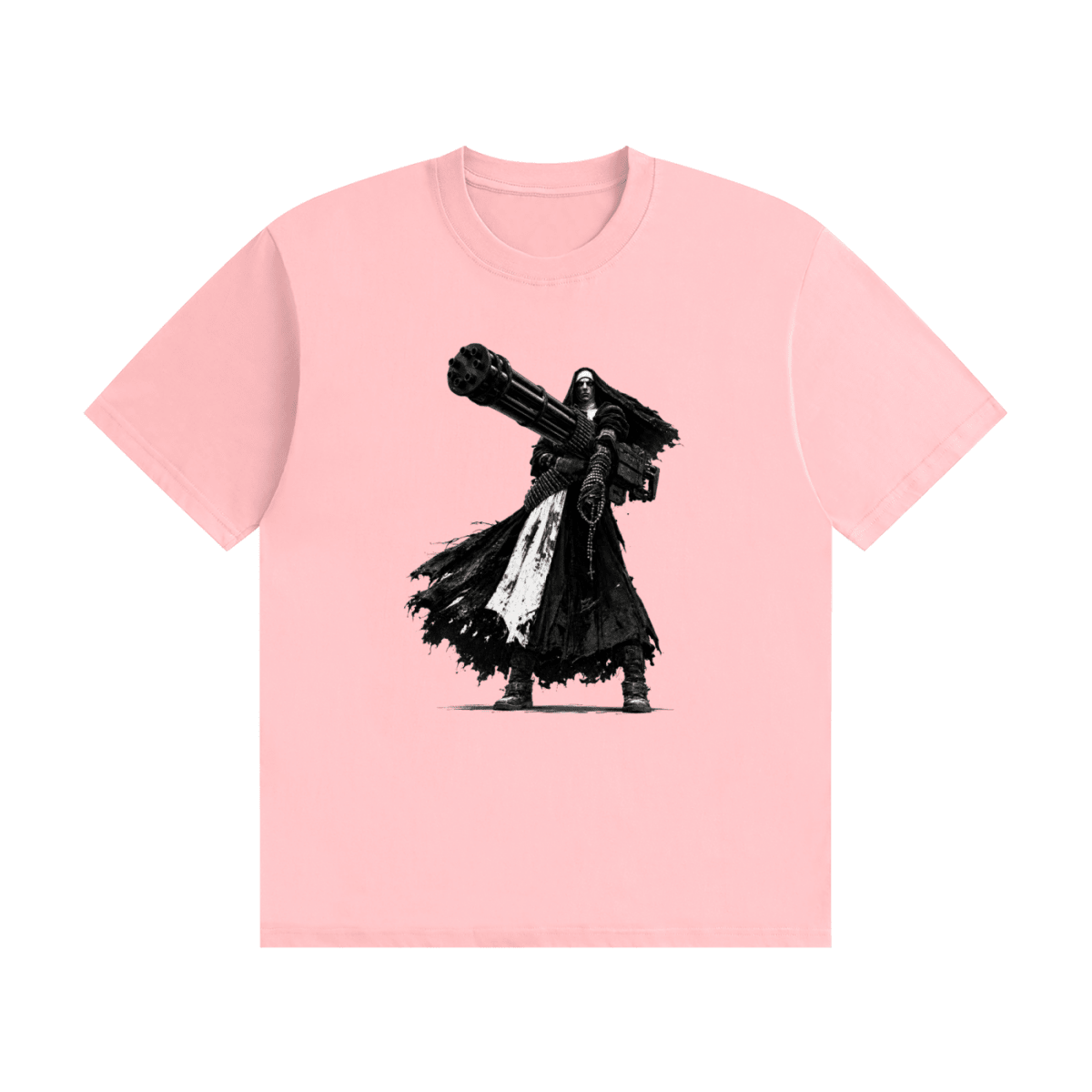 Pink cotton T-shirt, front view with a black-and-white nun carrying an oversized multi-barrel gun.