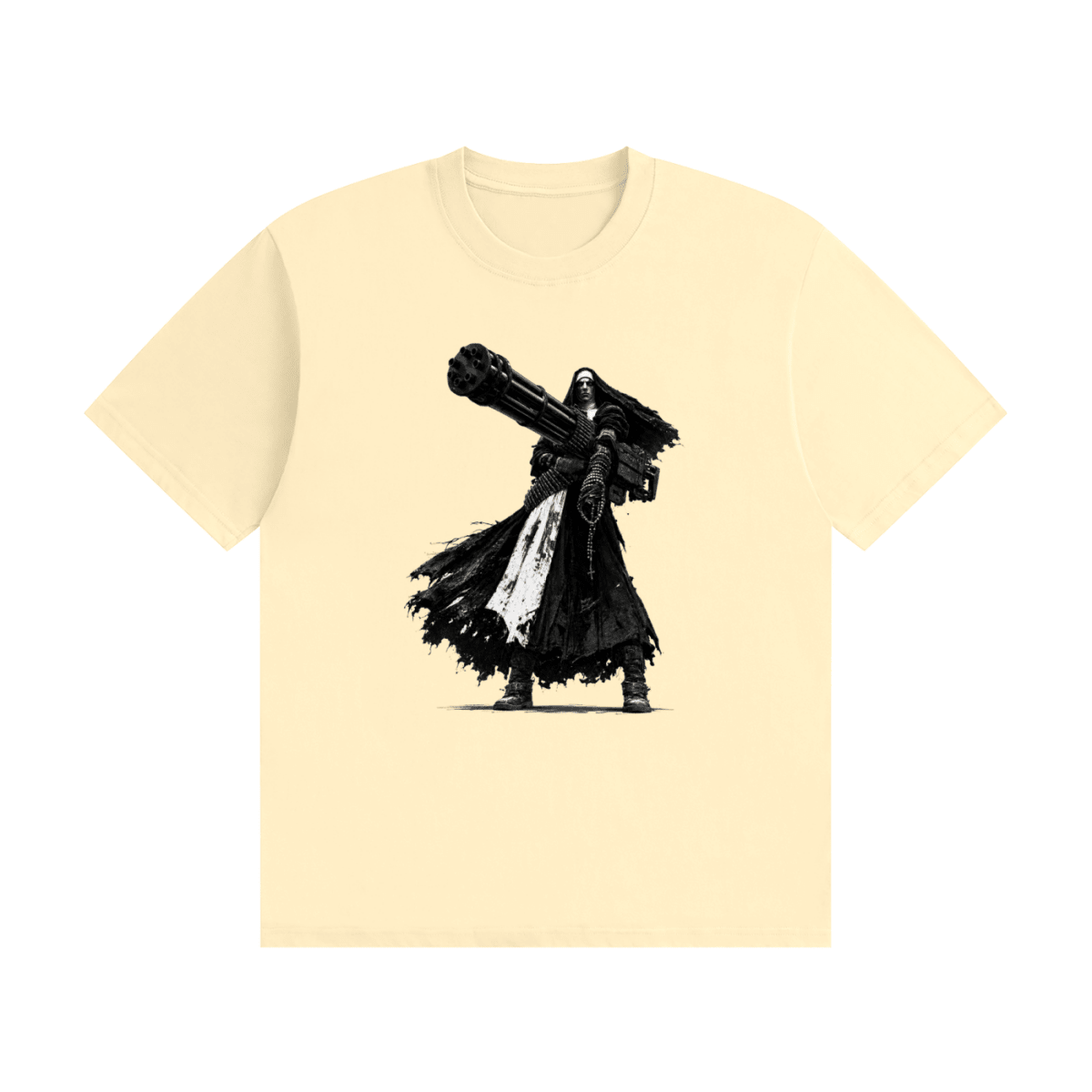 Cream cotton T-shirt, front view with a black-and-white nun carrying an oversized multi-barrel gun.