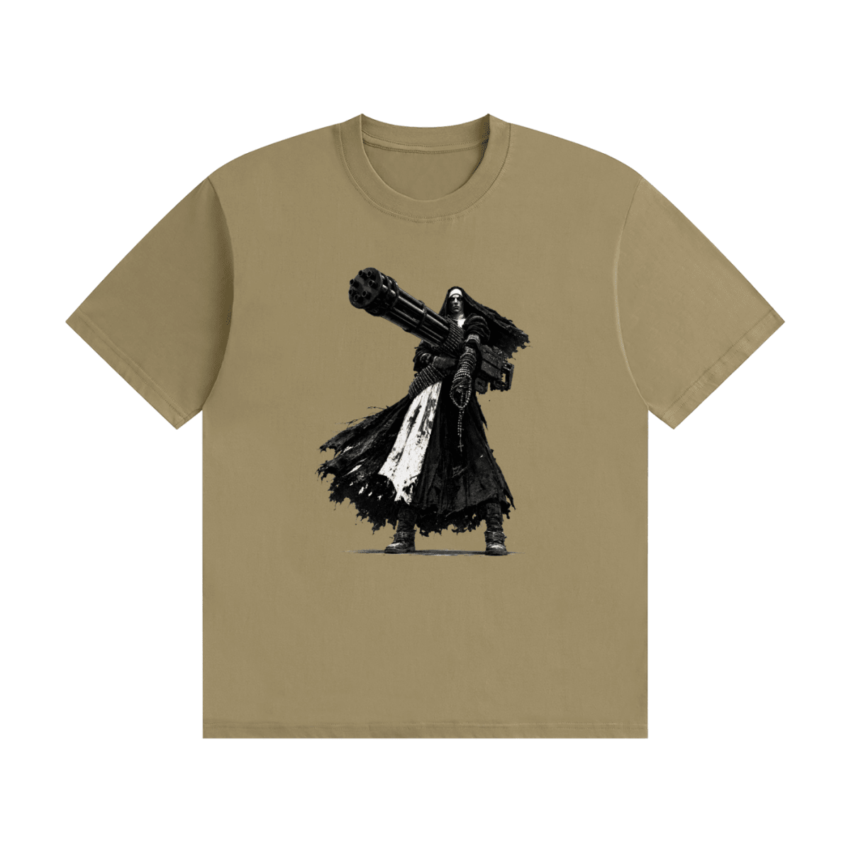 Khaki cotton T-shirt, front view with a black-and-white nun carrying an oversized multi-barrel gun.