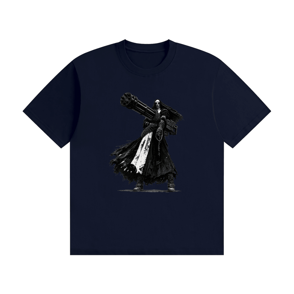 Navy blue cotton T-shirt, front view with a black-and-white nun carrying an oversized multi-barrel gun.