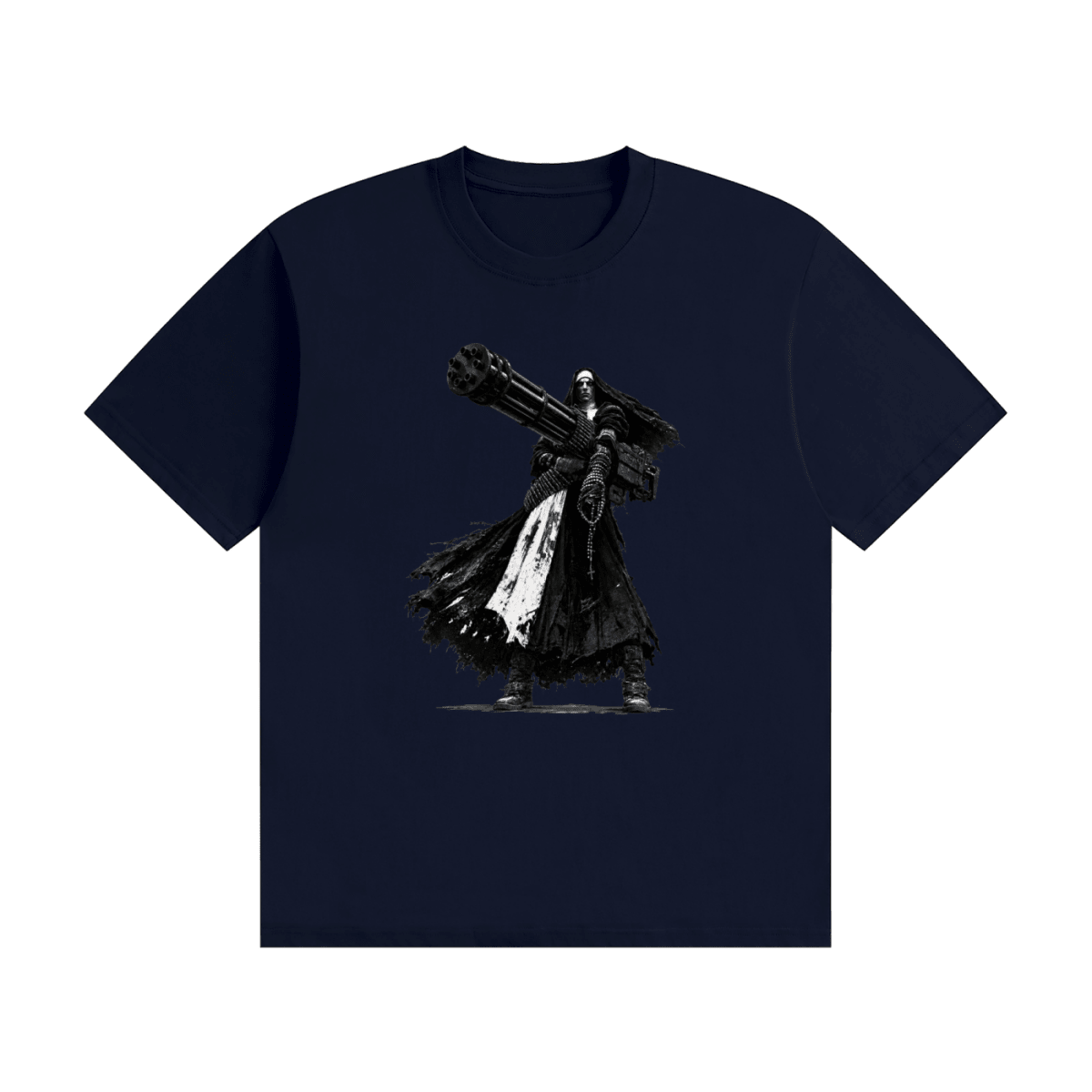 Navy blue cotton T-shirt, front view with a black-and-white nun carrying an oversized multi-barrel gun.