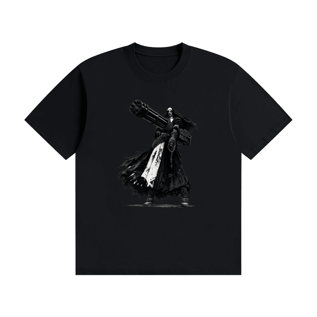 Black cotton T-shirt, front view with a black-and-white nun carrying an oversized multi-barrel gun.