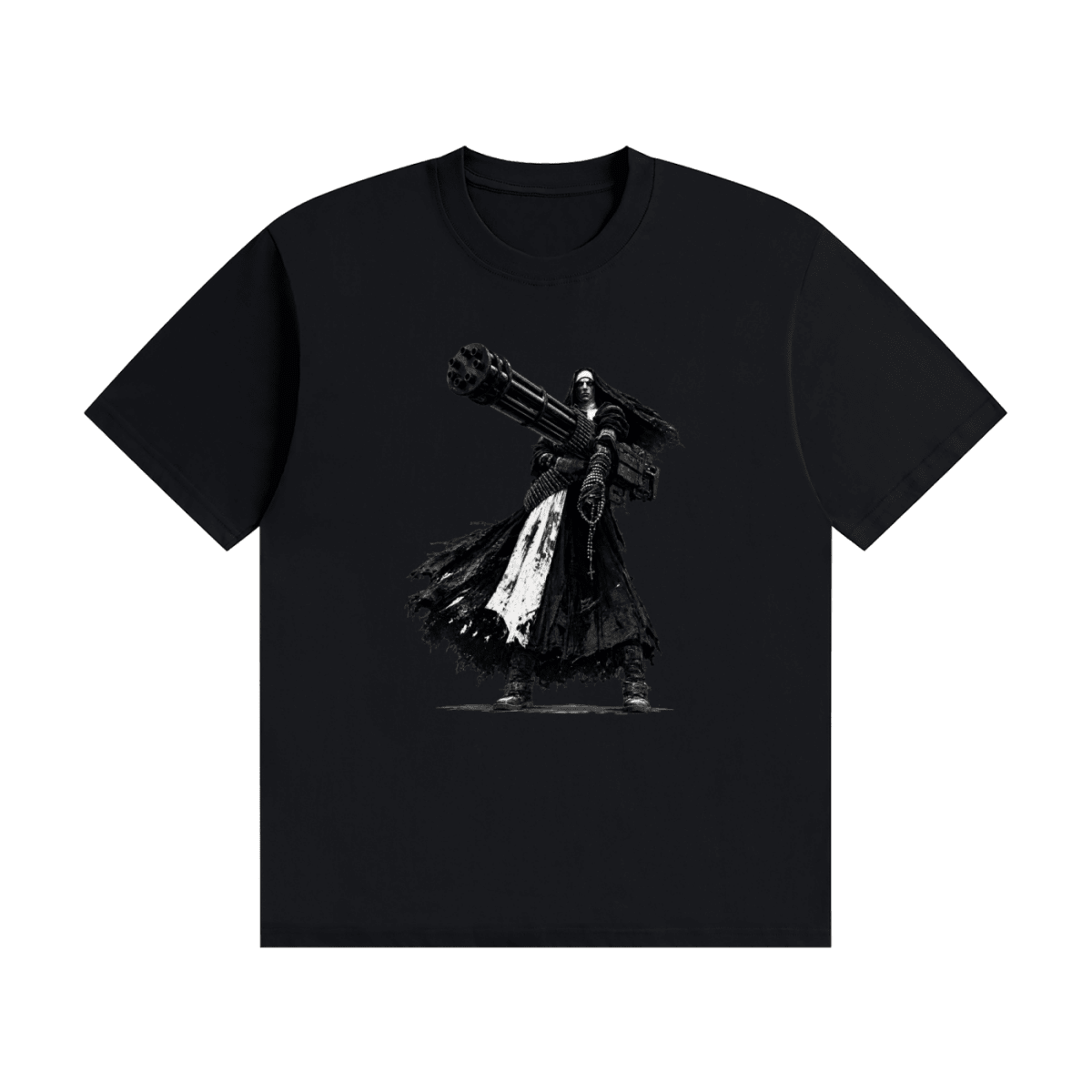 Black cotton T-shirt, front view with a black-and-white nun carrying an oversized multi-barrel gun.